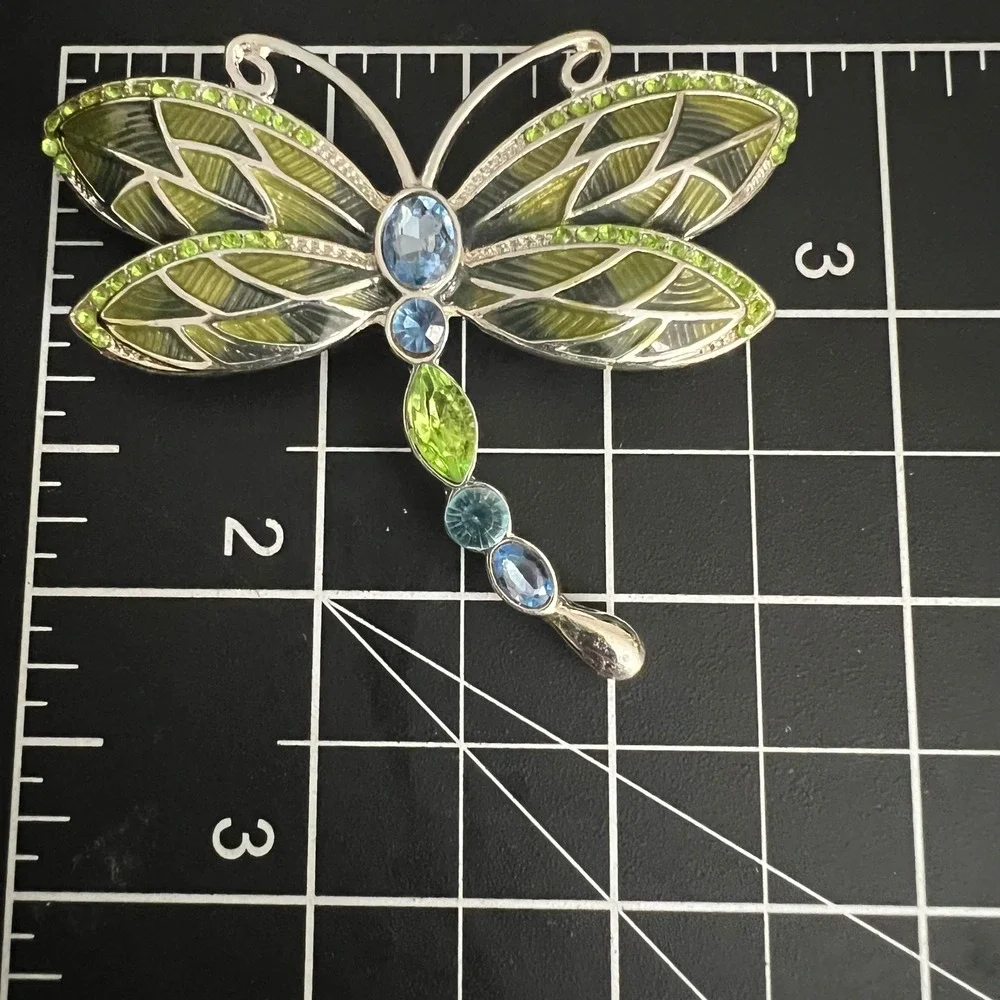 Vtg Napier Silver Tone Green Enamel Blue Crystal Dragonfly Brooch Fairycore